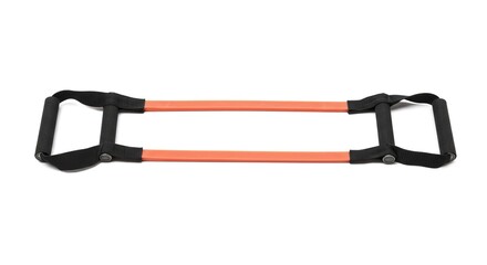 Orange resistance band with black handles on white