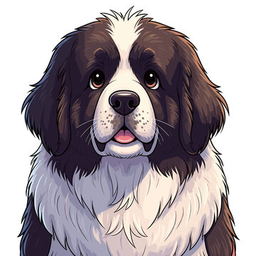 Close-up portrait of a fluffy, black and white Newfoundlander dog, showcasing detailed fur and expressive eyes.