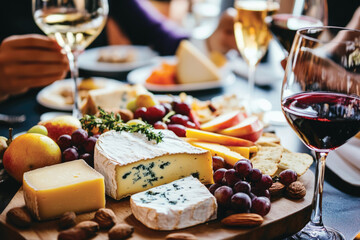 Delicious cheese and wine platter in the restaurant, with group of friends enjoying wine tasting party in the background