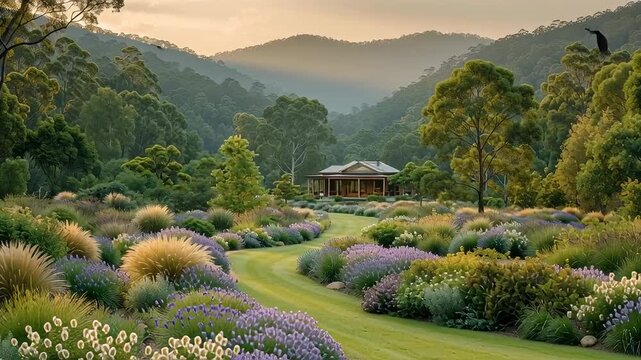 Tranquil Countryside Retreat Surrounded by Serene Mountains and Lush Garden Landscape