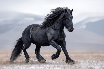 A majestic black horse running gracefully across a wide-open field, with its mane flowing in the wind, evoking power, beauty, and the untamed spirit of nature.