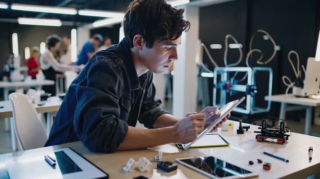 Young man sitting at table with tablet computer. Male technology engineer design computer. Workspace with tools and a tablet. A young man is seated at a table using a tablet device lifestyle.