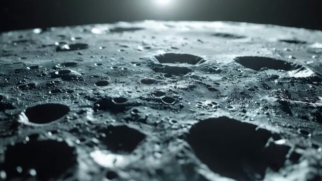 An intriguing, otherworldly close-up of the moon's surface with a bright sun and the rough texture of its craggy terrain is illuminated.