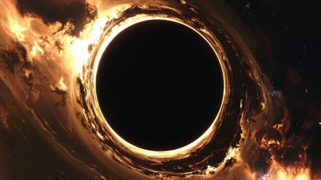 A breathtaking visual of a black hole, depicted with swirling, fiery celestial bodies, showcasing its gravitational pull and cosmic significance.