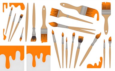 Various paintbrushes and dripping orange paint art supplies