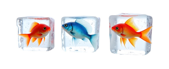 Three Colorful Frozen Fish Encased in Clear Ice Cubes with Vibrant Colors isolated on White Background
