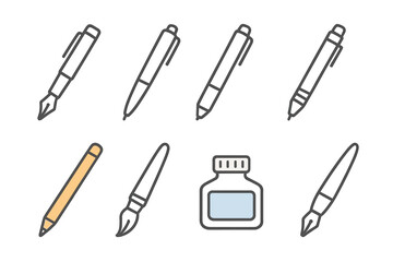 Obraz premium Writing Tools Icons. Line style icons of writing tools: fountain pen, ballpoint pen, gel pen, mechanical pencil. colored pencil,