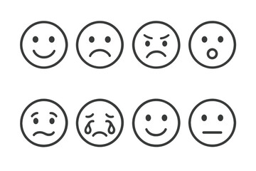 Fototapeta premium Facial Emotion Icons. Line style icons of facial emotions: happy face, sad face, angry face, surprised face. confused face, crying