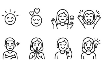Emotional Icons. Line style icons of positive emotions: joy, love, peace, excitement. confidence, admiration, satisfaction,