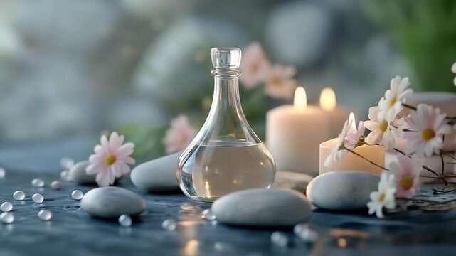 Serene Spa Still Life: Water Bottle, Candles, Flowers, and Stones