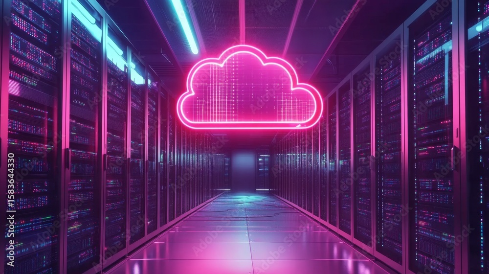 Poster visualizing a digital cloud computing network in a neon-lit data center environment
