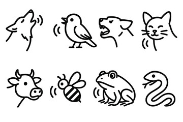 Animal Communication Icons. Line style icons of animal communication: howling wolf, chirping bird, growling dog, purring cat.