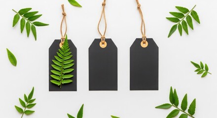 Three black gift tags with green leaves and twine on a white background