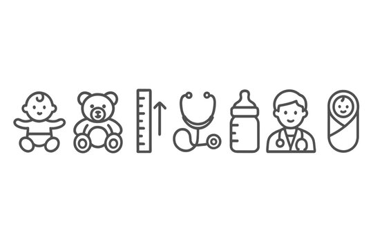 Pediatric Care Icons. Line style icons of pediatric care: baby icon, teddy bear, height chart, immunization. bottle icon, child