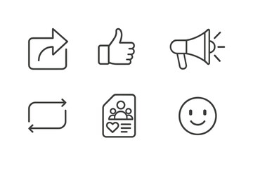 Social Media Icons. Line style icons of social media activism: share post, like button, awareness hashtag, megaphone. retweet icon