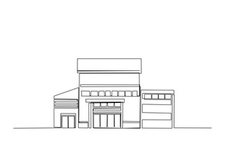 Modern building structure in single outline illustration. Continuous line art drawing of building architecture.