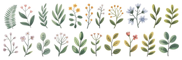 Delicate botanical illustrations of flora plants leaves