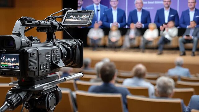 Filming a panel discussion with industry experts at a conference in a spacious auditorium featuring audience engagement and professional insights