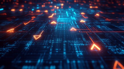 Fototapeta premium Dynamic display of glowing arrows in a digital network over a techno landscape for visual engagement