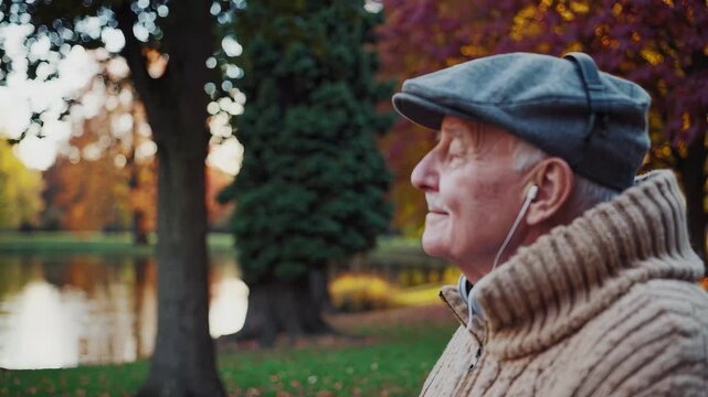 An elderly man wearing hat and listening to music. Man in sweater outdoors in autumn. Woman relaxes in park with a hat and a tree. A senior man donned in a hat and enjoying music lifestyle.