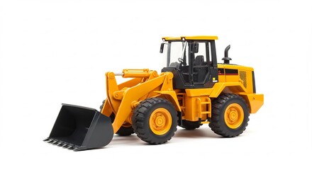 Fototapeta premium Yellow toy wheel loader sits proudly against bright white background. AI Generated
