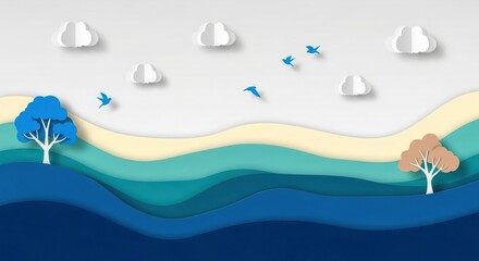 Whimsical paper cut landscape featuring layered hills trees and flying birds