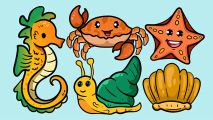 illustration set of cute doodle underwater animal seahorse, Jellyfish, Blowfish, Starfish for digital stamp,greeting card,sticker,icon,summer design