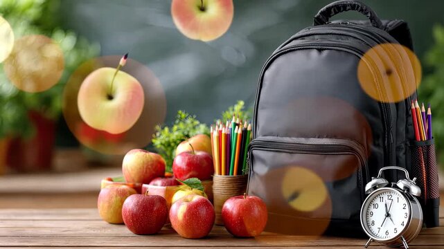 Backpack filled with school supplies and fresh apples ready for the new school year at a cozy classroom setup
