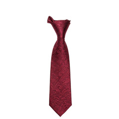 Elegant maroon tie with intricate floral paisley pattern and a unique knotted top
