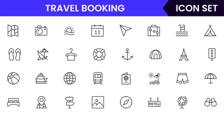 Travel Booking vector web line icon collection, sleek illustrations of tickets, maps, luggage, planes for seamless, adventurous designs.