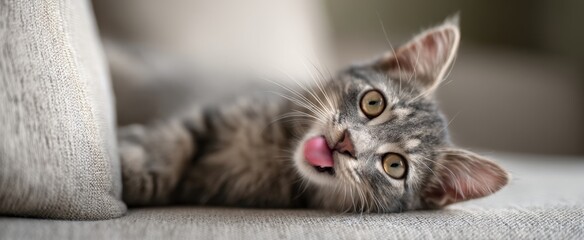 The playful kitten lounging on a cozy couch with a curious expression.