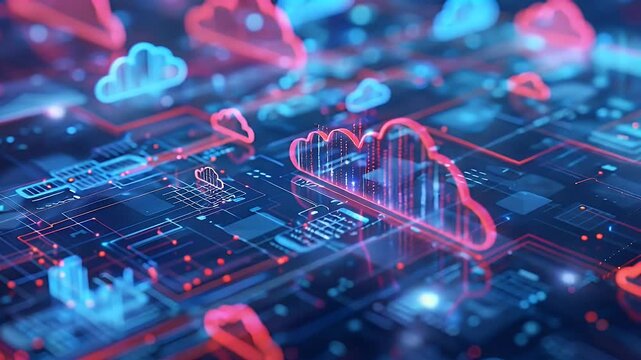 A vibrant abstract visualization of digital data featuring colorful cloud icons amidst a high-tech network.
