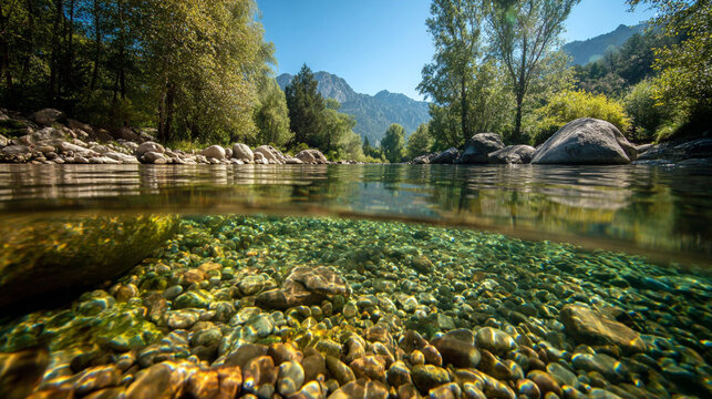 The river is clear and sparkling, with pebbles visible at the bottom. The trees in the background are green, and mountains can be seen in the distance.