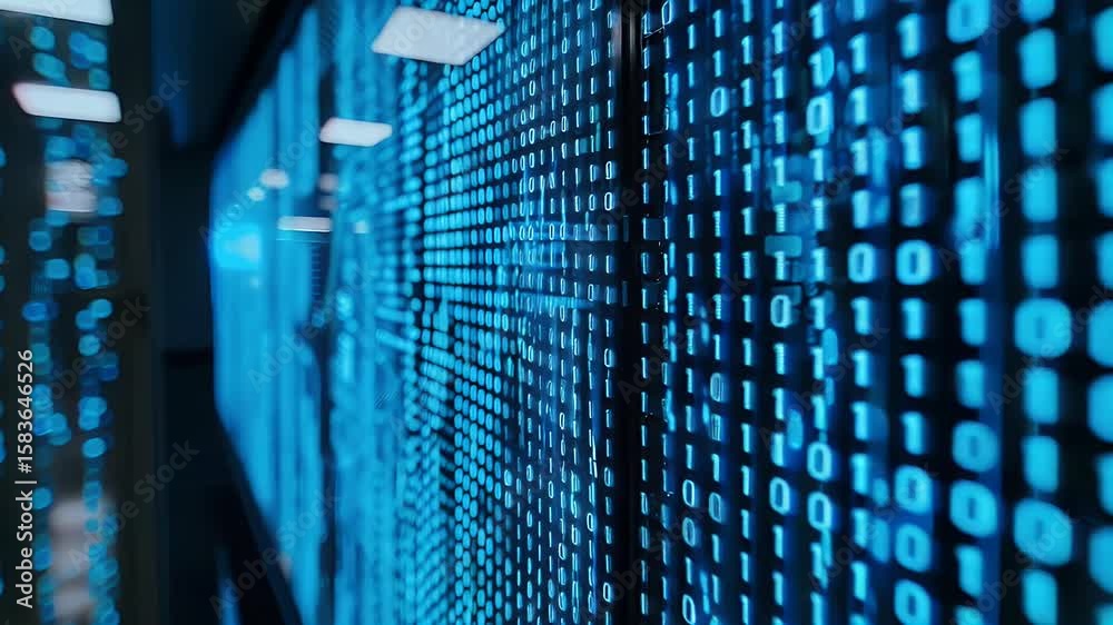 Poster close-up of intricate blue binary code displayed vividly on a glowing wall creating an abstract tech