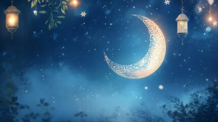 Naklejka premium Celebrating ramadan with a festive crescent moon design night sky digital artwork magical atmosphere serene view islamic culture