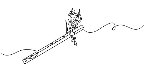 krishna flute continuous one line drawing, krishna flute hinduism line icon vector. krishna flute hinduism sign, flute with peacock feather, Peacock Feather and Flute line art vector design. Peacock.