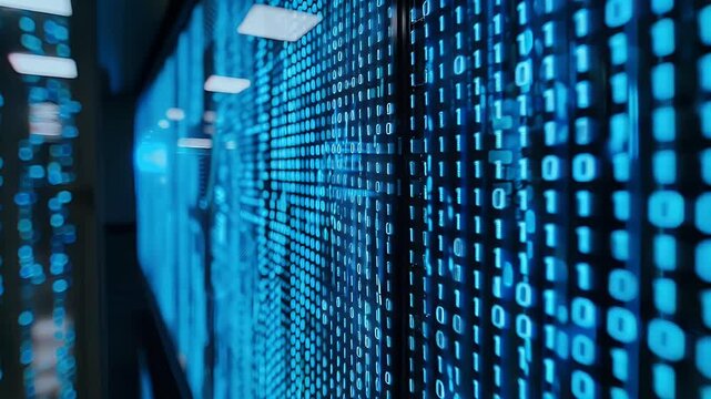 Close-up of intricate blue binary code displayed vividly on a glowing wall creating an abstract technology ambience.
