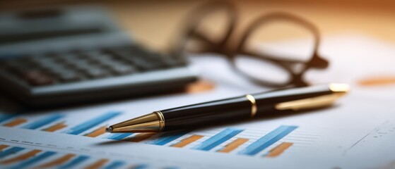 The pen and calculator on financial analysis documents in a professional setting.