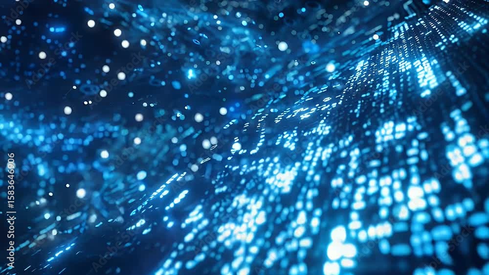 Poster immersive abstract visualization of glowing blue data patterns flowing in a dark space with sparklin