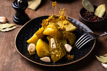 Bowl of pickled marinated cucumbers