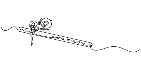krishna flute continuous one line drawing, krishna flute hinduism line icon vector. krishna flute hinduism sign, flute with peacock feather, Peacock Feather and Flute line art vector design. Peacock. © SREESADHIN