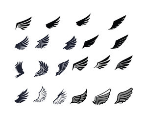 A set of diverse wing silhouettes in various positions and shades of black and gray