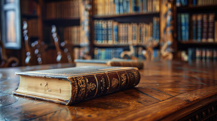 Antique Leather-Bound Book on Ornate Wooden Table in Vintage Library with Richly Decorated Bookshelves and Warm Ambient Lighting