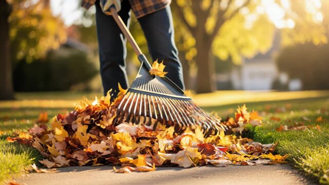 Person raking colorful autumn leaves on a sunny day during fall yard cleanup in a residential neighborhood.