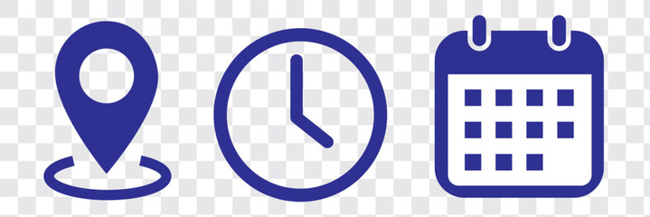 Place, Time, Date and Notification line icons. Calendar, address location pointer and alarm bell. Notice alert, business schedule and office time clock. Location place, date reminder. Vector