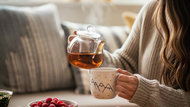 Woman pouring hot tea from glass teapot into cozy ceramic mug at home during autumn with fresh raspberries and pumpkin on table.