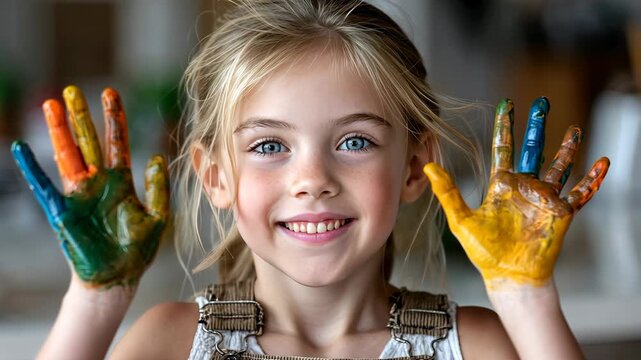 Young girl proudly displays painted hands after creative art session at home, showcasing her colorful artwork and joyful expression