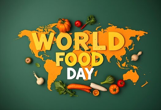 "World Food Day" Text on an Orange World Map, Surrounded by Fresh Vegetables and Fruits on a Dark Green Background, Symbolizing Global Food Security and Sustainability - Powered by Adobe