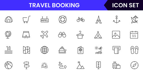 Travel Booking vector web line icon collection, sleek illustrations of tickets, maps, luggage, planes for seamless, adventurous designs.