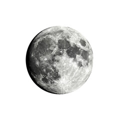 Naklejka premium Ultra-realistic extreme close-up of a waxing gibbous moon, highly detailed lunar surface with various craters and textures, isolated on a transparent background, scientific depiction concept
